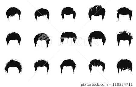 Male hairstyles front view silhouette icons set. Fashionable haircuts for man. Wigs. Concept of barber shop personal care. Simple black and white flat style isolated vector clipart collection 118854711