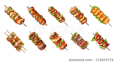 Kebab set. Meat balls fish chicken vegetables on the skewer stick. Grilled fried shish kebab with variety accompaniments vegetables mashrooms salat green leafs. BBQ barbecue meal. Cartoon style 118854719