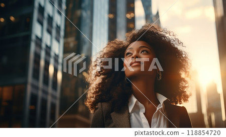 Happy young African American business woman standing in city looking away. Neural network ai generated art 118854720