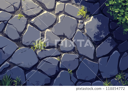 Cracked asphalt texture background. Top view. Natural harsh distressed urban concrete. moss grass and plants pushing through the asphalt. Roadside. Cartoon style vector illustration 118854772