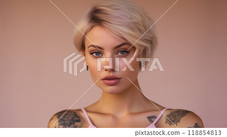 Portrait of Short Hair Beautiful young woman. Neural network ai generated art 118854813