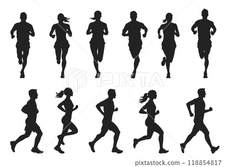 Black silhouettes of sport runners set. Side and front view. Man and woman in different sport cloth running. Park exercising outdoor gym health care activity. Cartoon style isolated vector clipart 118854817