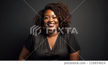 Portrait of dark skinned plus size woman smiles gladfully being in good mood. Neural network ai generated art Portrait of dark skinned plus size woman smiles gladfully being in good mood. Neural network ai generated art 118854824