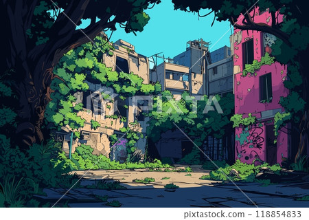 Abandoned city landscape. Huge trees. Empty dilapidated buildings covered with overgrown plants. Broken walls no window glass. End of the world concept. Post apocalyps game background. Cartoon style 118854833