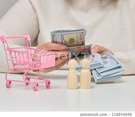 A woman counts paper American hundred dollar bills and a miniature shopping cart A woman counts paper American hundred dollar bills and a miniature shopping cart 118854848