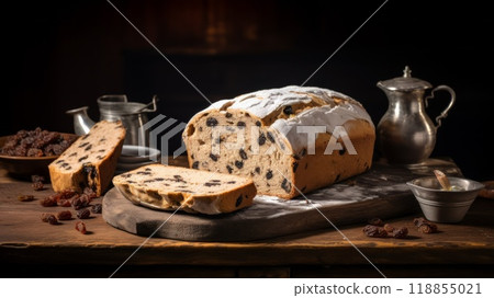 Barmbrack or bairin breac a traditional Irish fruit loaf made with sultanas and raisins. Neural network ai generated art 118855021