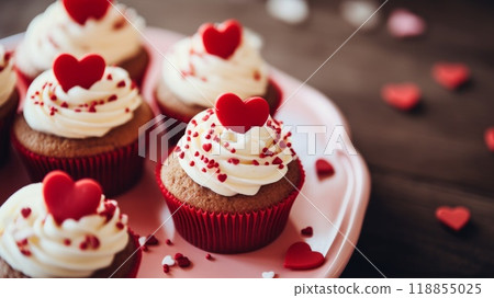 Closeup of pink cupcakes on pedestal. Neural network ai generated art 118855025
