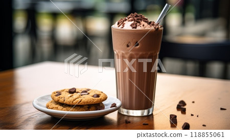 Chocolate protein drink in glass for nutrients and energy. Neural network ai generated art 118855061