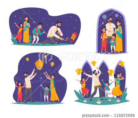 Diwali. Traditional indian characters celebrate diwali festival of lights exact vector cartoon illustrations set Diwali. Traditional indian characters celebrate diwali festival of lights exact vector cartoon illustrations set 118855099