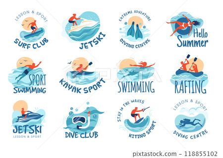 Water sport. Badges of water activities diving rafting surfing spend time and relax on sea recent vector template 118855102