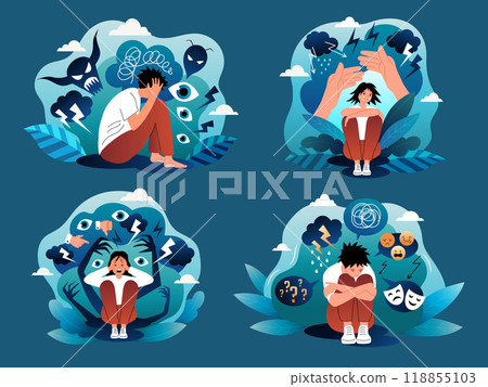 Psychology concepts. Flat stylized pictures mental problems of people recent vector set 118855103