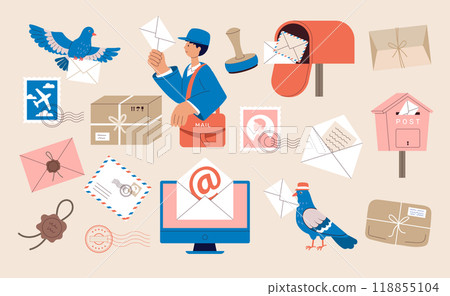 Post service. Online mail pigeon with envelope postman workers recent vector stylized symbols of post mail 118855104