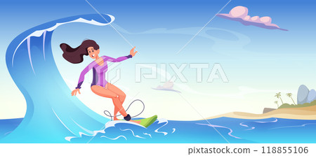 Surfing. Girl in ocean on surfboard extreme watersport exact vector cartoon background Surfing. Girl in ocean on surfboard extreme watersport exact vector cartoon background 118855106