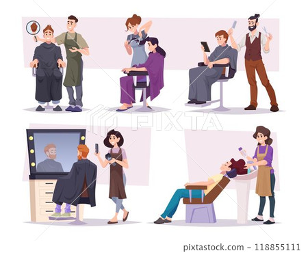 Barbers. Male and female workers haircut service in beauty salon exact vector people barbers 118855111