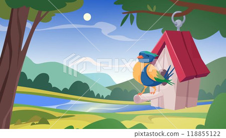 Bird places. Different wooden birdhouses seasonal birds nest exact vector background illustrations in cartoon style 118855122