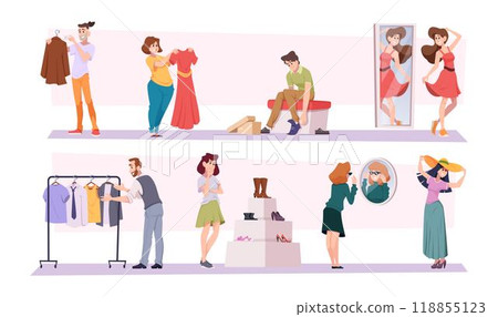 Clothes store. Fashion retail boutique people buying clothes exact vector illustrations set in cartoon style 118855123
