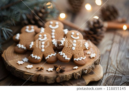 Generative Ai illustration. Christmas homemade gingerbread cookies on wooden table 118855145