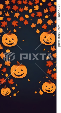 Decorative Halloween pumpkins with carved faces, autumn leaves, and a lantern Decorative Halloween pumpkins with carved faces, autumn leaves, and a lantern 118855278