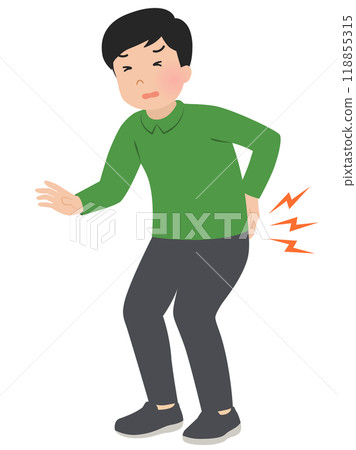 一個背痛和背部拉傷的男人的向量圖 118855315