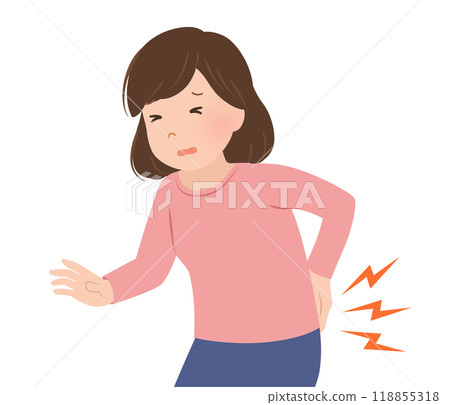 Lower back pain, upper body woman with sudden lower back pain_vector illustration 118855318