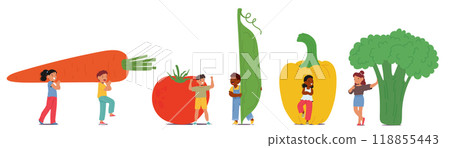 Cartoon Children Characters Carrying Oversized Vegetables. Vector Illustration Captures The Joy Of Kids 118855443