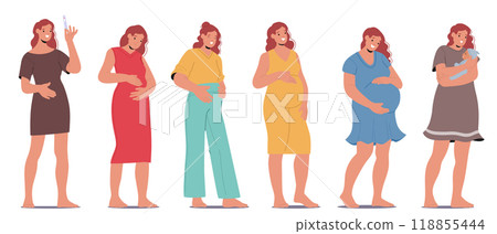Cartoon Vector Illustration Showing The Journey from Pregnancy Test Through Various Stages to Motherhood 118855444