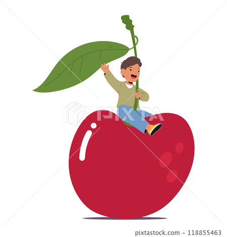 Joyful Child Character Sitting on a Giant Cherry in Whimsical Cartoon Vector Illustration Capturing the Feeling of Fun 118855463