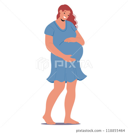 Smiling Pregnant Woman Holding Her Belly While Wearing A Blue Dress. Cartoon Vector Illustration Captures The Joy 118855464