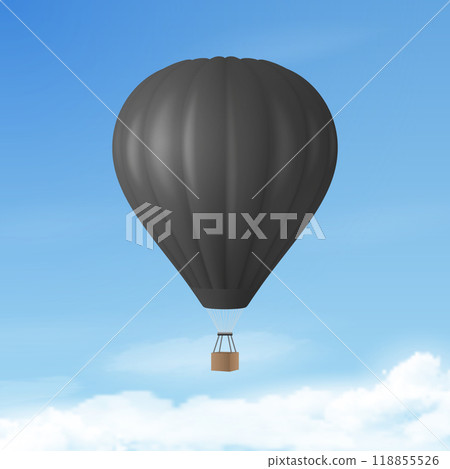 Vector Travel Banner with 3d Realistic Hot Air Balloon Icon on a Blue Sky Background. Design Template, Summer Vacation, Travelling, Tourism and Journey Concept Vector Travel Banner with 3d Realistic Hot Air Balloon Icon on a Blue Sky Background. Design Template, Summer Vacation, Travelling, Tourism and Journey Concept 118855526