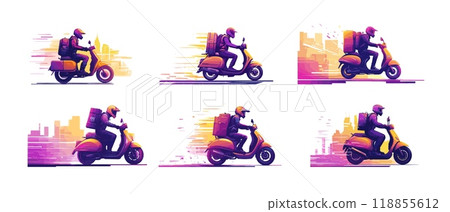 Scooter driving pilot cartoon vector set. Man fast backpack helmet character, dynamic speed vehicle steering scooterist, background grunge elements isolated on white illustrations Scooter driving pilot cartoon vector set. Man fast backpack helmet character, dynamic speed vehicle steering scooterist, background grunge elements isolated on white illustrations 118855612