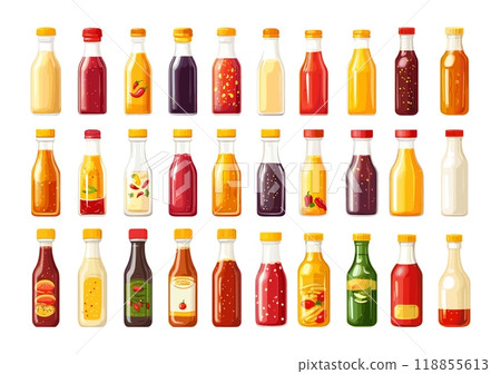 Sauces cartoon vector set. Glass plastic bottles ketchup mayonnaise mustard bbq hot chilli pepper soy gravies condiments dips packages, isolated illustrations on white background Sauces cartoon vector set. Glass plastic bottles ketchup mayonnaise mustard bbq hot chilli pepper soy gravies condiments dips packages, isolated illustrations on white background 118855613