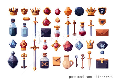Pirate buccaneer adventure items cartoon vector set. Diamond royal crown blade sword postal vial envelope bottle gem poison flask elixir magnifying glass key quest stuff, isolated illustration 118855620
