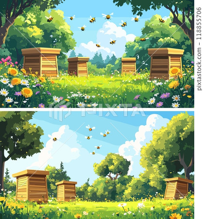 Countryside pasture bee yard nature meadow apiary cartoon vector concepts. Timber beehives hives plants trees field forest blooming flowers nectar harvesting, beekeeping honey production rural farm Countryside pasture bee yard nature meadow apiary cartoon vector concepts. Timber beehives hives plants trees field forest blooming flowers nectar harvesting, beekeeping honey production rural farm 118855706