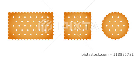 Set of crackers. Sweet or salty biscuit cookies in round, square and rectangle shapes. Popular children crunchy snacks isolated on white background. Vector cartoon illustration Set of crackers. Sweet or salty biscuit cookies in round, square and rectangle shapes. Popular children crunchy snacks isolated on white background. Vector cartoon illustration 118855781
