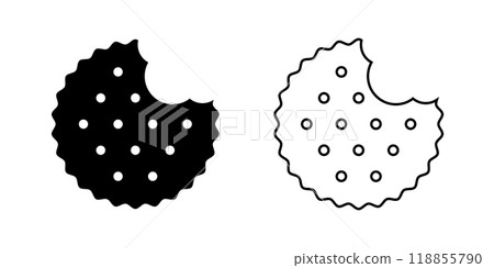 Bitten circle cracker icons. Sweet or salty biscuit cookies in round shapes. Crunchy snacks isolated on white background. Vector graphic illustration 118855790