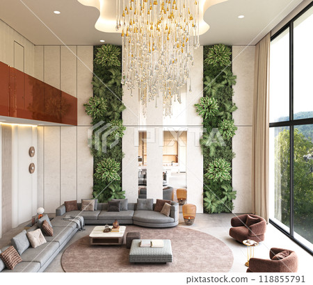 Modern luxurious living room that features lovely greenery and a stunning elegant chandelier, 3d rendering Modern luxurious living room that features lovely greenery and a stunning elegant chandelier, 3d rendering 118855791