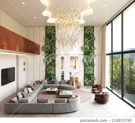 Chic and modern living room featuring natural elements combined with an elegant design aesthetic, 3d rendering Chic and modern living room featuring natural elements combined with an elegant design aesthetic, 3d rendering 118855795