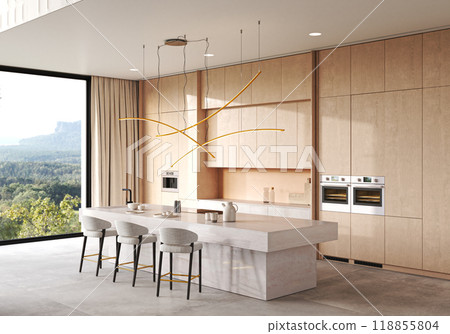 Modern kitchen that boasts a scenic view and showcases a contemporary design style, 3d rendering 118855804
