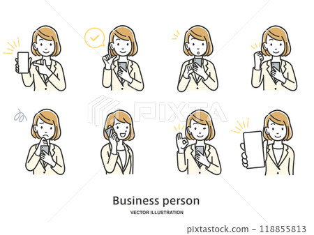 女性上班族操作智慧型手機的插畫集 118855813