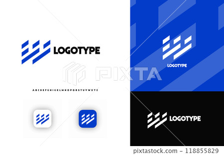 Bold diagonal stripes creating geometric shapes letter W logo for technology, finance, banking, cryptocurrency, corporate branding, architecture, construction, real estate. Vector illustration 118855829