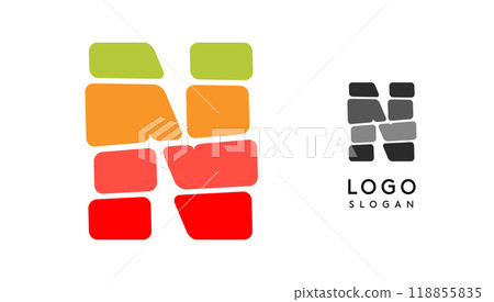 Bright colorful letter N, layers blocks like sandwich, stone balancing or rock stacking. Modern cartoon monogram for kid joyful book, fun logo. Vector illustration 118855835