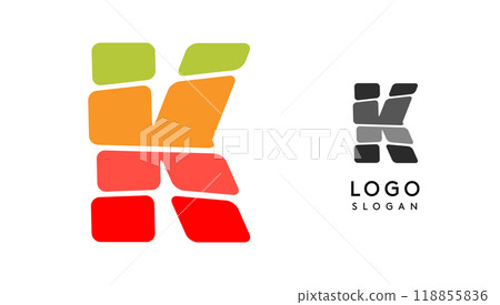 Bright colorful letter A, layers blocks like sandwich, stone balancing or rock stacking. Modern cartoon monogram for kid joyful book, blocky toys logo. Vector illustration 118855836
