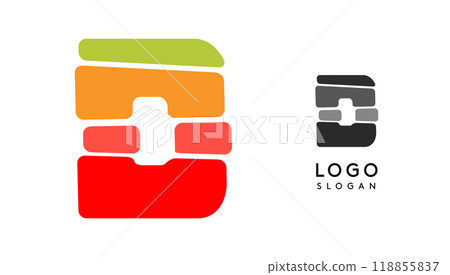 Bright colorful letter D, layers blocks like sandwich, stone balancing or rock stacking. Modern cartoon monogram for kid joyful book, fun logo. Vector illustration 118855837