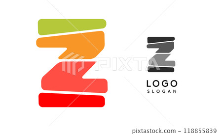 Bright colorful letter Z, layers blocks like sandwich, stone balancing or rock stacking. Modern cartoon monogram for kid joyful book, blocky toys logo. Vector illustration 118855839