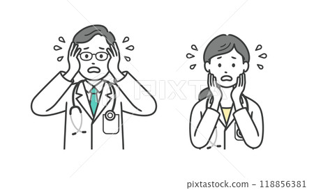 Upper body illustration of a troubled and impatient male and female doctor Upper body illustration of a troubled and impatient male and female doctor 118856381