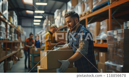 Employees packing products efficiently in a small warehouse during daytime operations Employees packing products efficiently in a small warehouse during daytime operations 118856678
