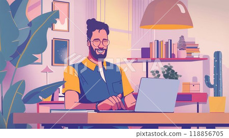 Smiling professional working on laptop in cozy home office environment 118856705