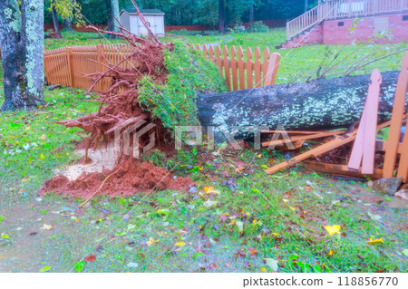 Tornado hurricane damaged fences around house after trees fell during storm 118856770