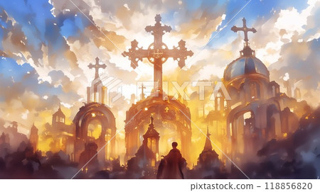 雄偉的教堂和光的十字架－黃昏的宗教藝術聖景 118856820