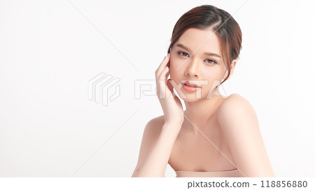 Beautiful young asian woman with clean fresh skin on white background, Face care, Facial treatment, Cosmetology, beauty and spa, Asian women portrait. Beautiful young asian woman with clean fresh skin on white background, Face care, Facial treatment, Cosmetology, beauty and spa, Asian women portrait. 118856880